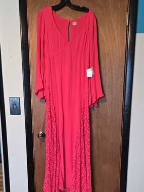 Free People Hot Pink Crochet-Trim Hazel Maxi Dress
